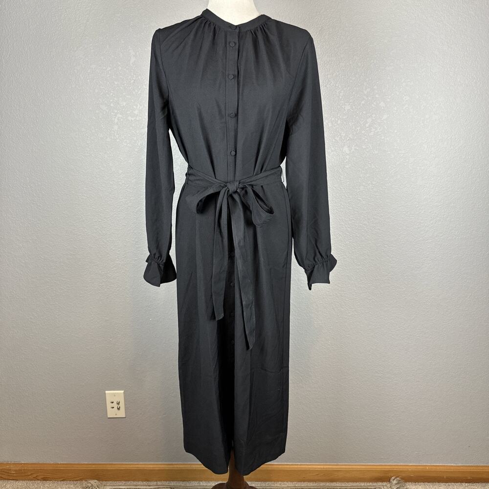 J Crew Women Drapey Shirt Dress Size M Black Satin-back Crepe Button Long Sleeve